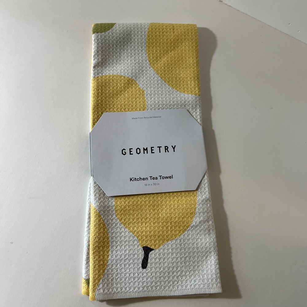 Geometry Kitchen Tea Towel Yellow Lemon Fruit Print Waffle Weave 18x30 NEW